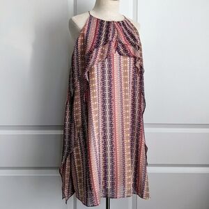 BCBGMaxAzria Dress Halter Neck Sleeveless Sheath Ruffled Navy Coral Pink M NWT